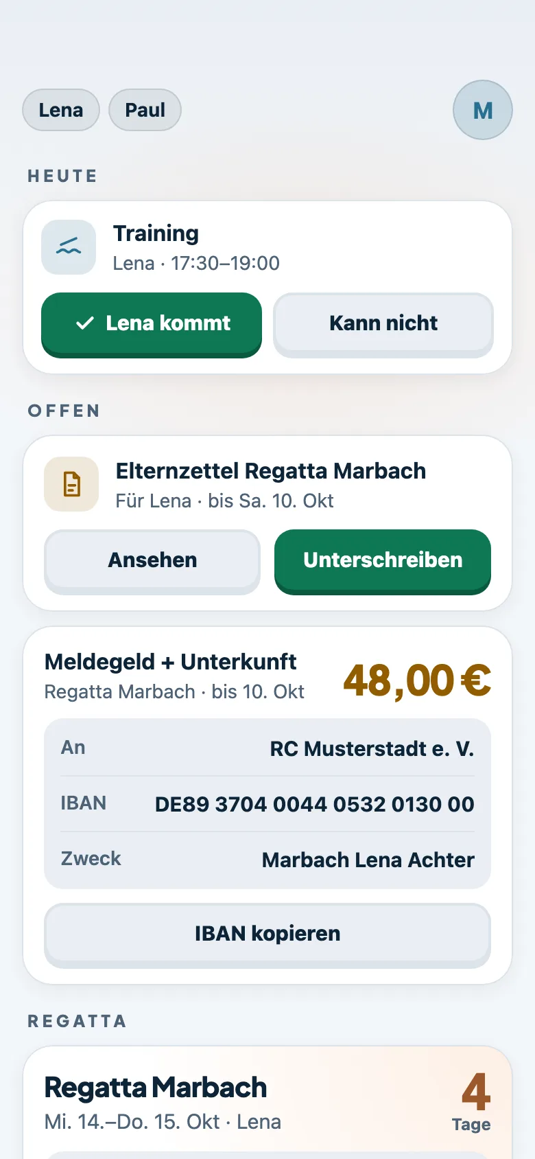 Elternansicht mit Elternzettel zum Unterschreiben und Meldegeld mit IBAN zum Kopieren