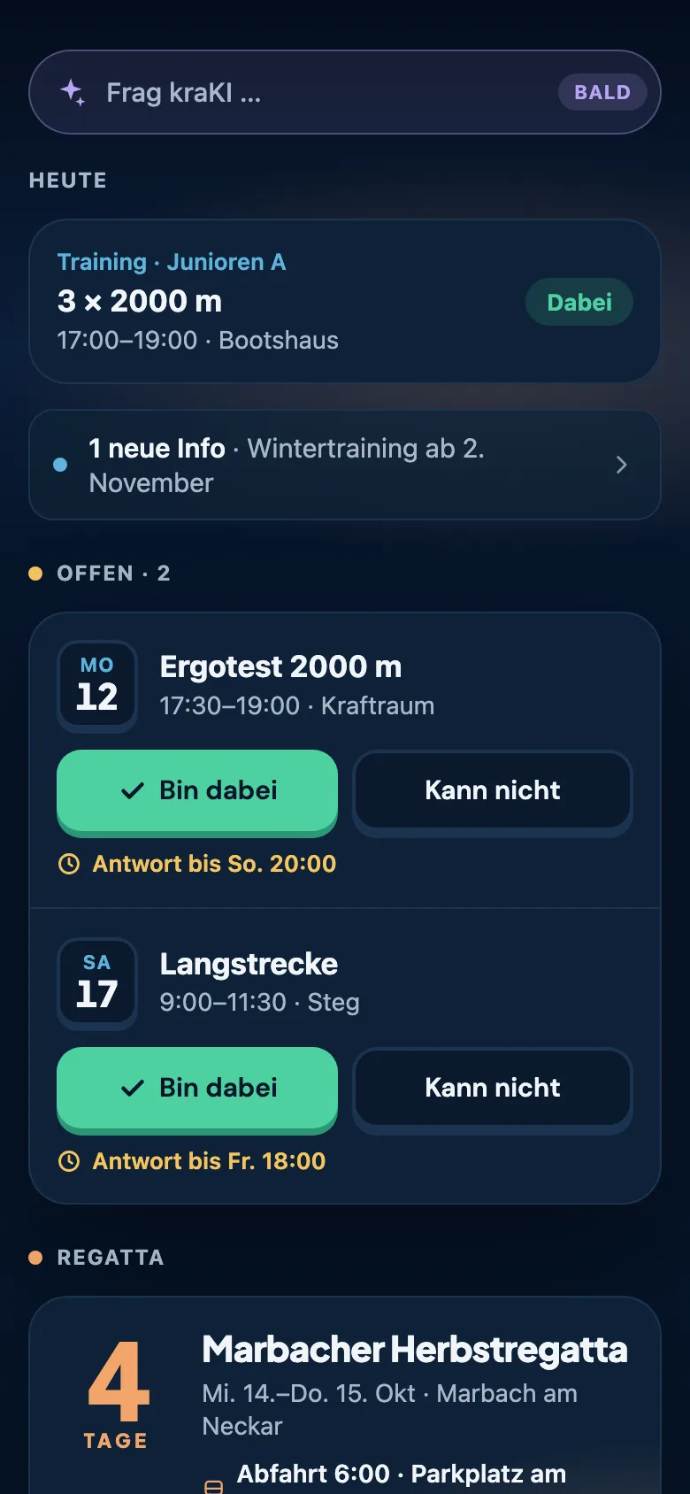 Heute-Ansicht einer Sportlerin mit dem nächsten Training, Zusage-Knöpfen, Elternzettel und Regatta-Countdown