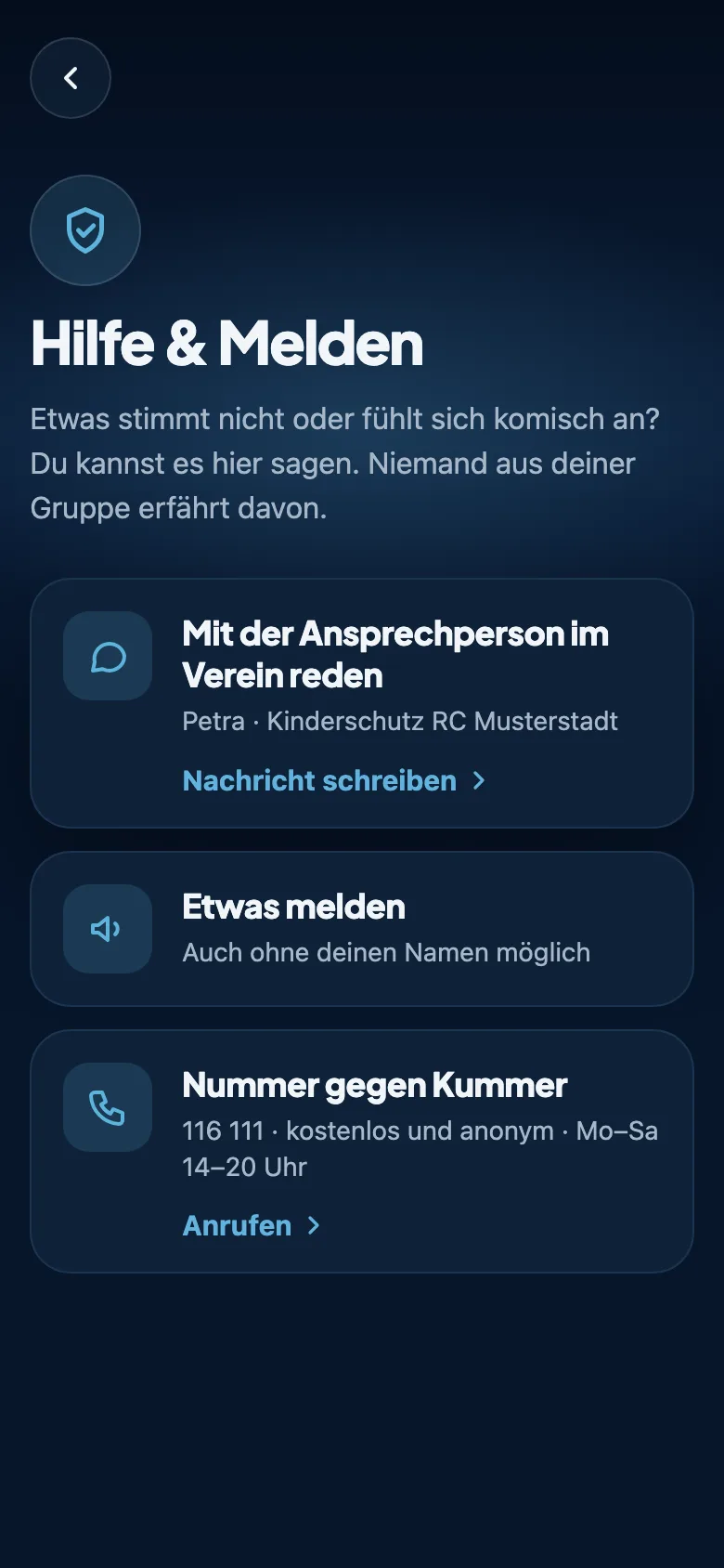 Hilfe und Melden: Ansprechperson im Verein, anonym melden und Nummer gegen Kummer
