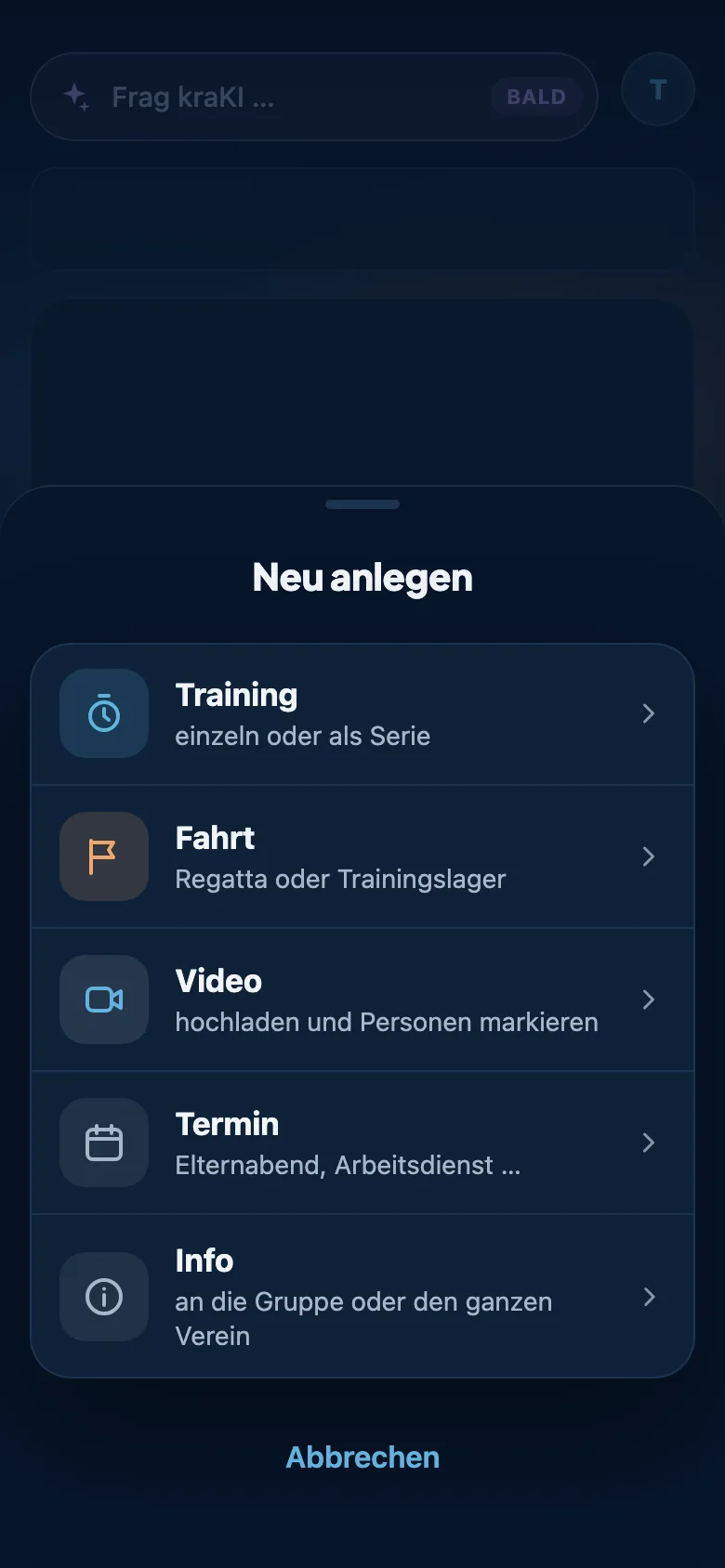 Plus-Menü mit Training, Fahrt, Video, Termin und Info