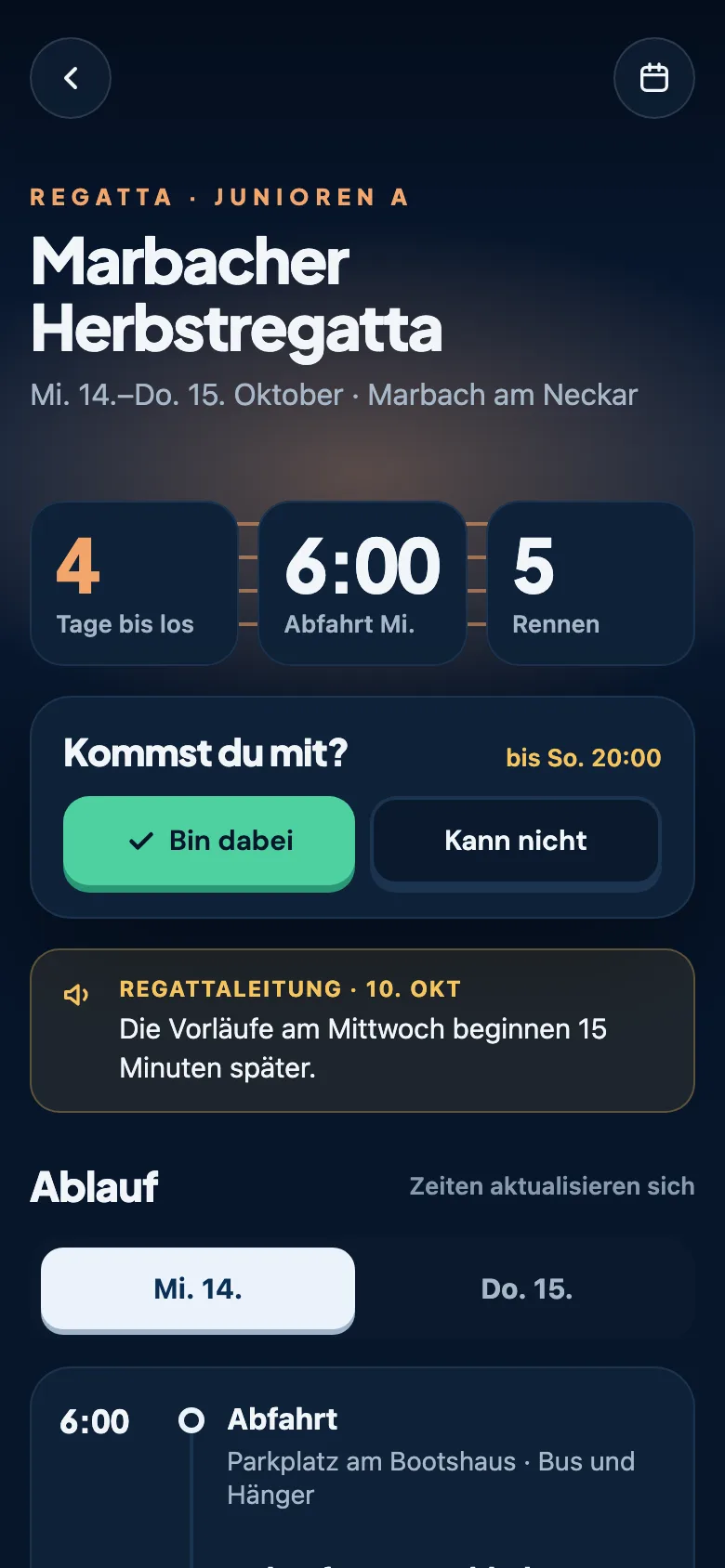 Regatta-Seite mit Countdown, Abfahrt und Ablauf