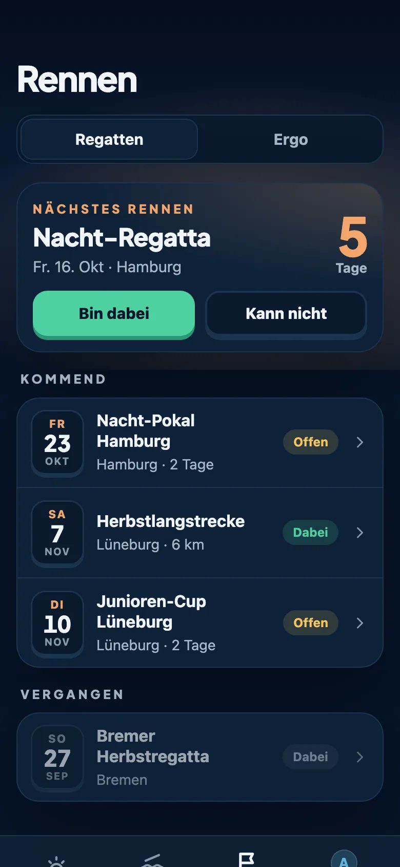 Rennen mit nächstem Rennen und Liste der Regatten deines Vereins