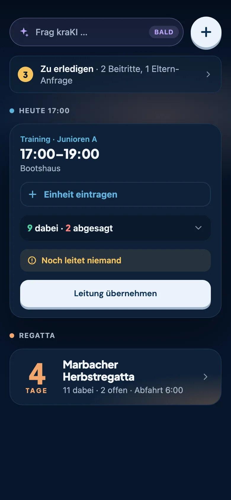 Heute-Ansicht einer Trainerin mit Zusagen für das nächste Training