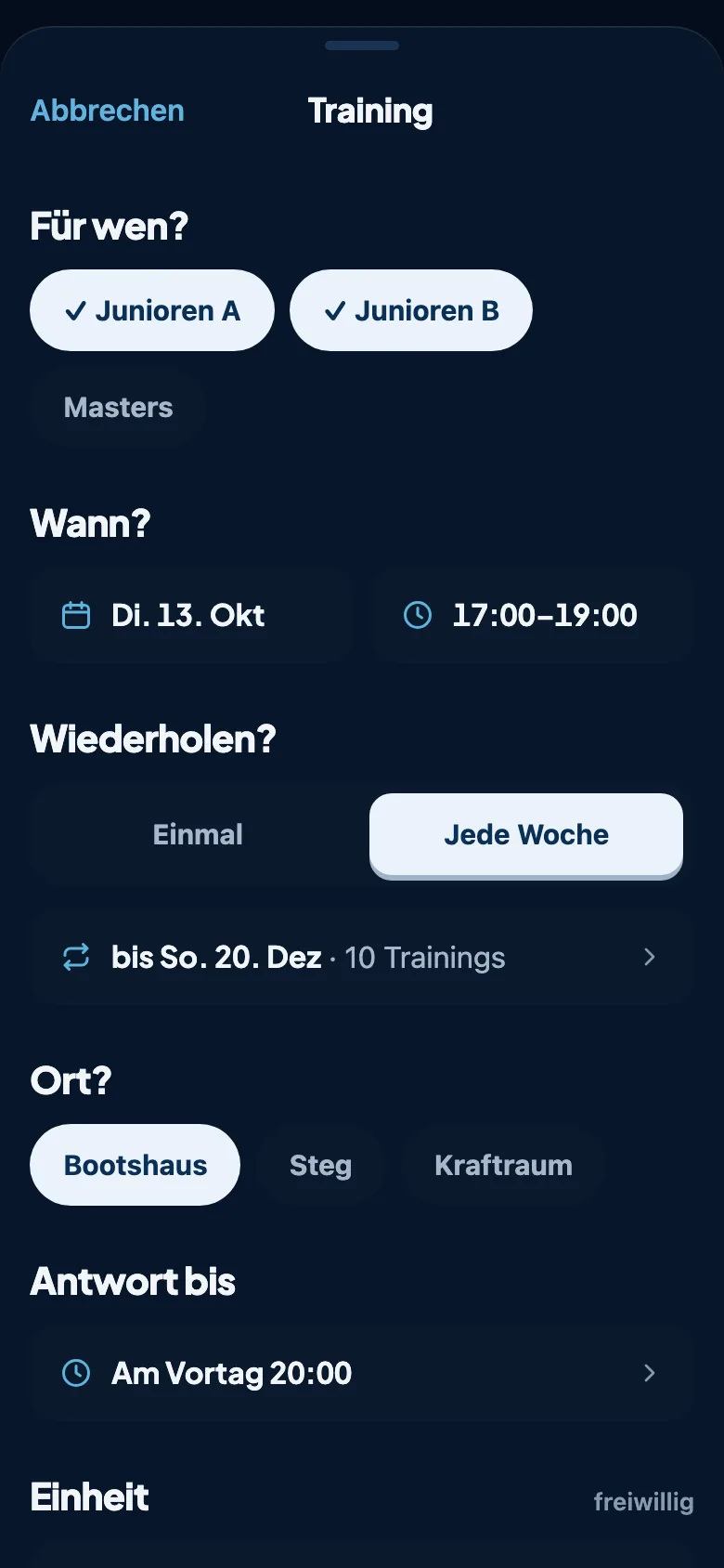 Training anlegen mit Gruppen, Datum, Wiederholung und Ort